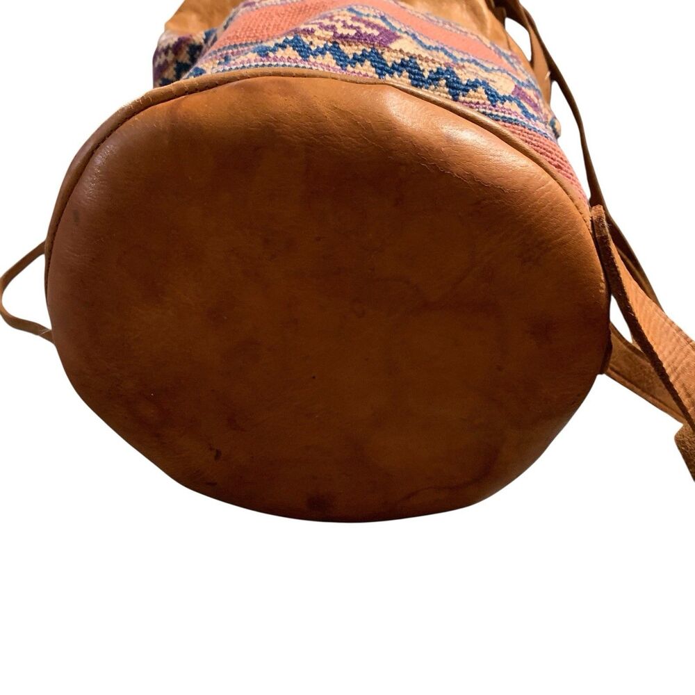 Vintage Leather Wool Kilim Drawstring Backpack Large Multi-Color Tooled Bag Boho - Picture 6 of 15